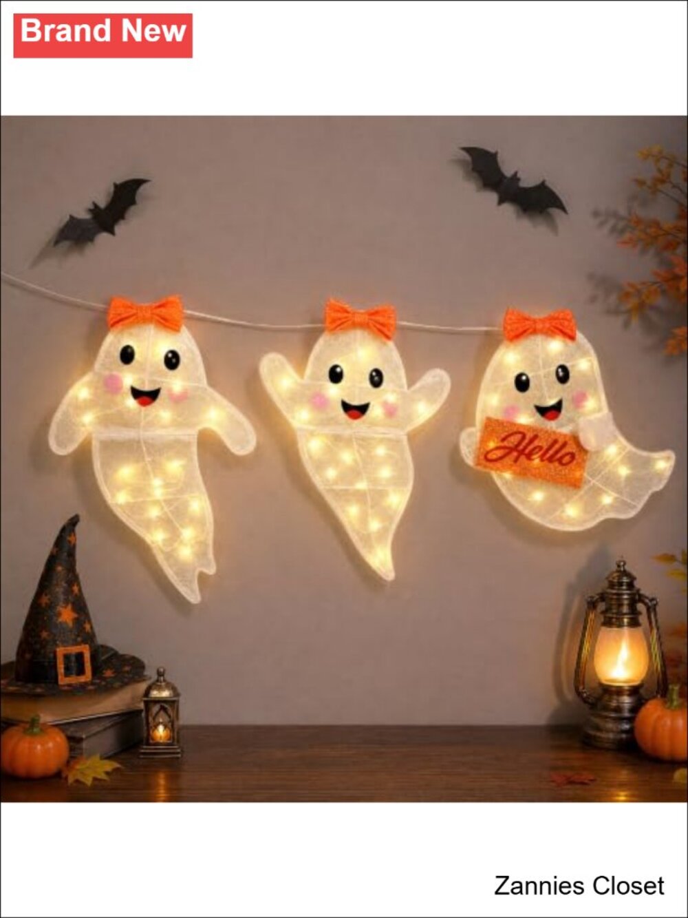 👻 3-Piece Ghost Halloween Lights 60 LED Warm Glow Glitter Fabric Plug-In